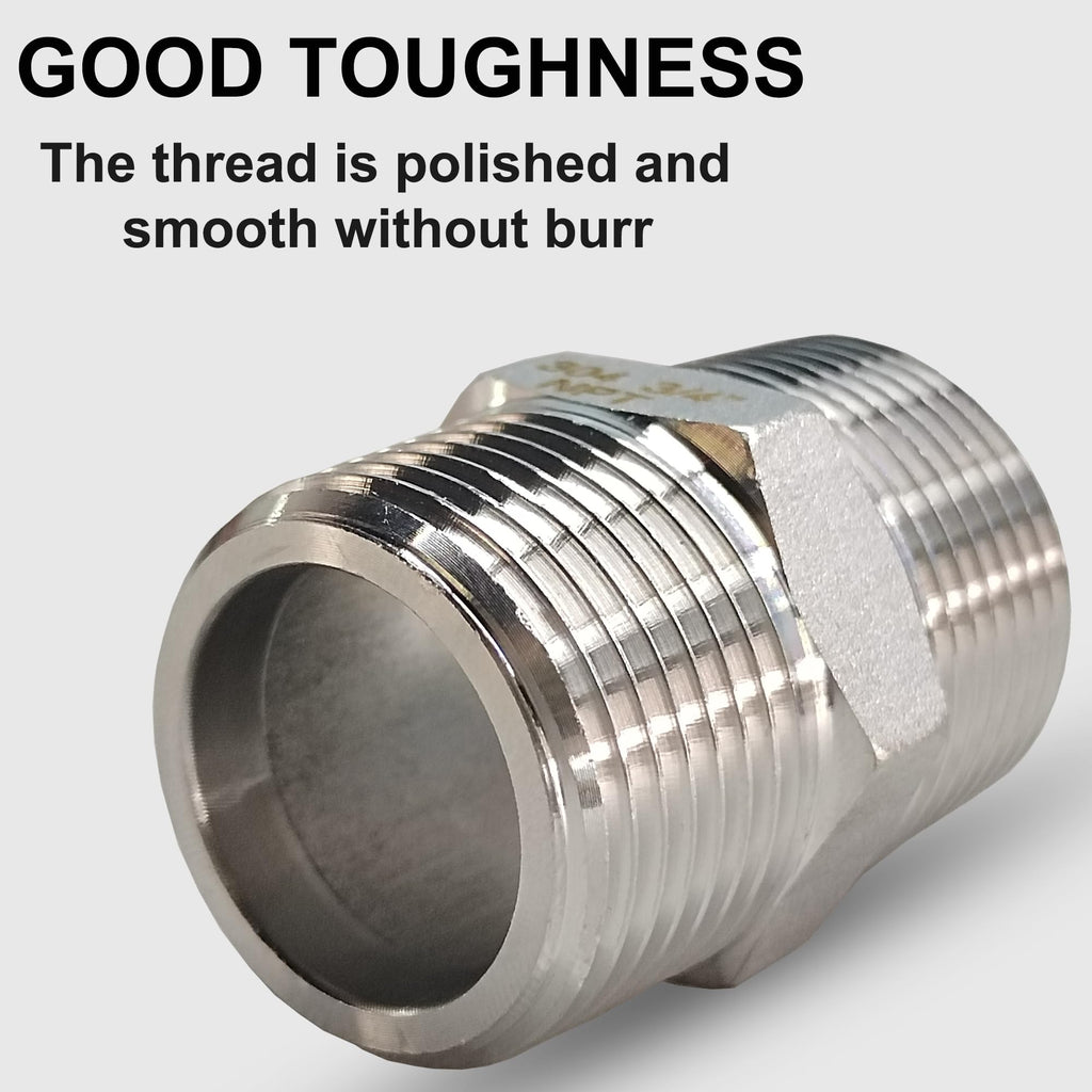4PCS 3/4" x 3/4" NPT Male Hex Nipple Pipe Fittings, 304 Stainless Steel 3/4 inch MNPT Threaded Pipe Adapter Fittings Equal Nipples Straight Connector