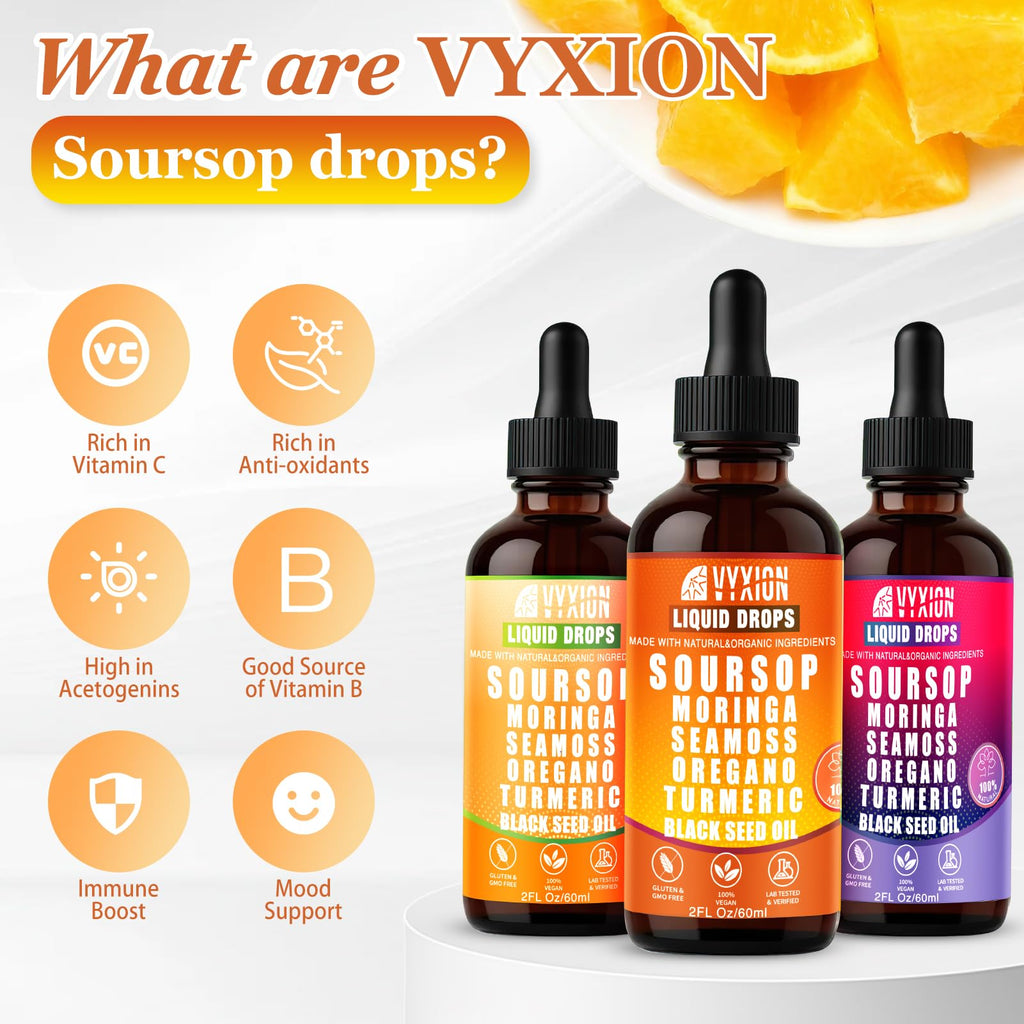 Soursop Bitters Liquid Drops 10 in 1 with Sea Moss, Moringa, Turmeric, Black Seed Oil, Oregano, Ashwagandha | Herbal Extracts for Overall Health-Enhancing | Vegan, Non-GMO | 2 Fl Oz (Orange Flavor)