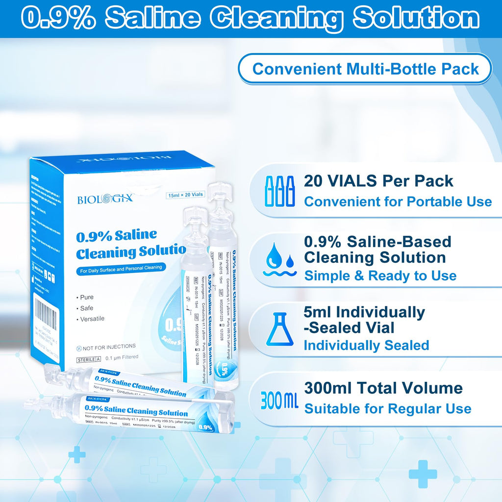 0.9% Saline Cleaning Solution, Normal Solution, Ready-to-Use for Daily Cleaning, Household Use, 15ml Each, 20 per Box, 300ml /10.56 FL OZ