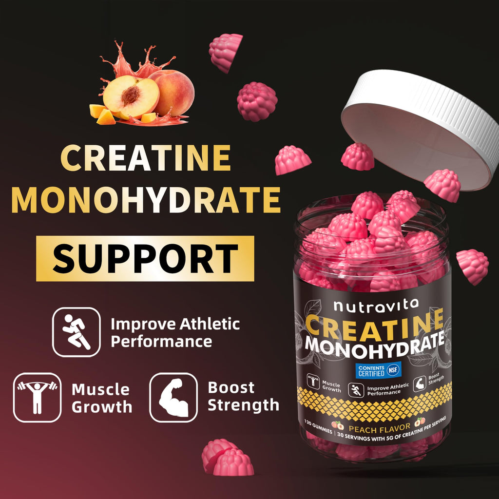 Creatine Monohydrate Gummies for Men & Women-5g of Creatine Monohydrate per Serving - Sugar Free,Vegan, Peach Flavor, 120 Count
