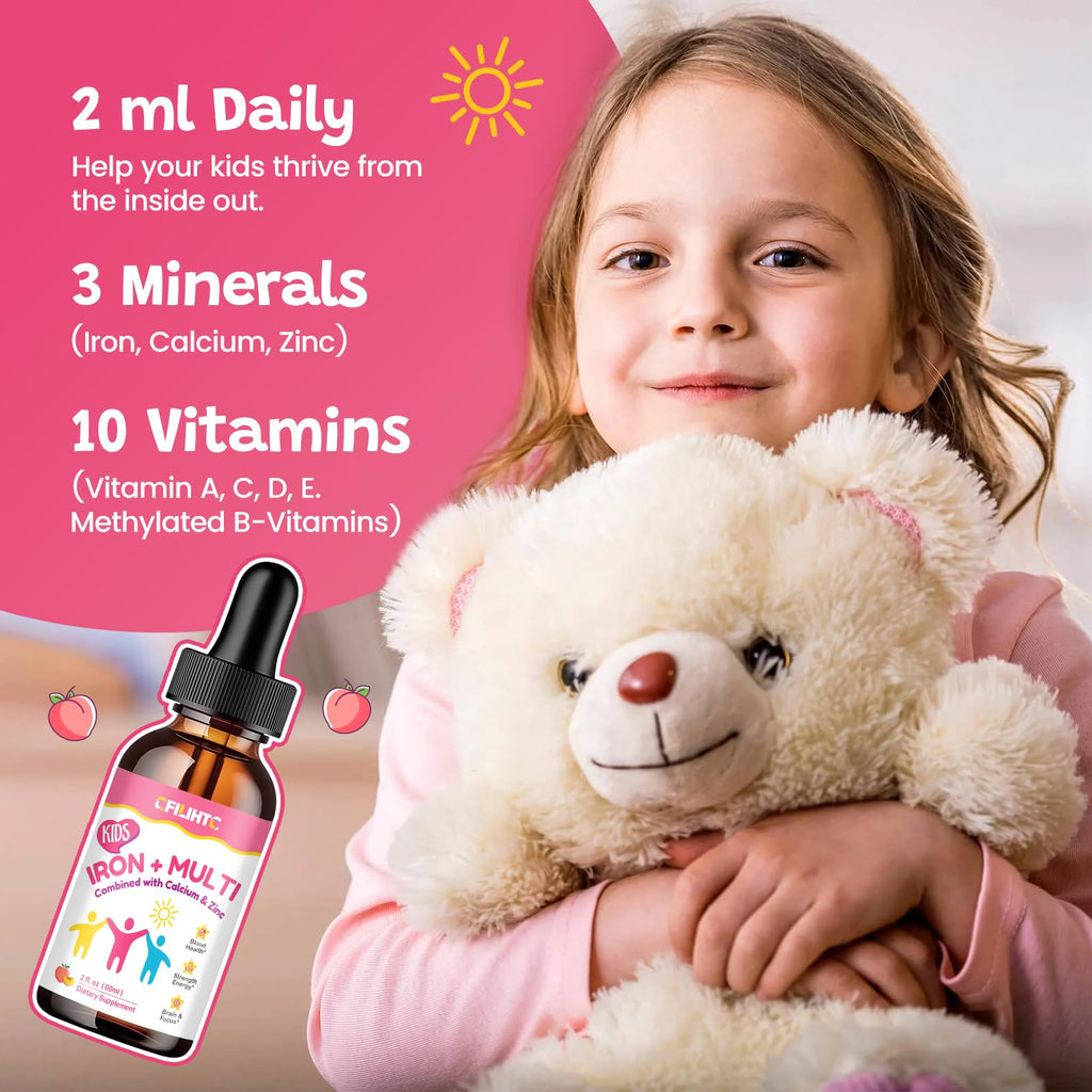 Liquid Iron Supplement for Kids, Women & Men - with Calcium, Zinc, Kids Multivitamin with Iron Drops - Blood Builder & Energy Support for Iron Deficiency, Anemia, Peach Flavor 4 Fl Oz