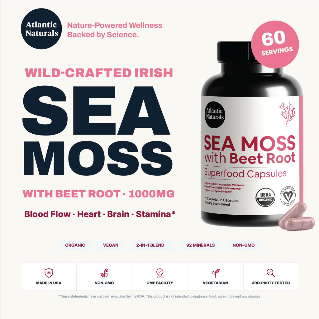Atlantic Naturals Sea Moss with Beet Root Capsules - Premium Quality Multivitamin Supplement - Sea Moss Superfood to Support Immune Health, Blood Flow, Joint Health & Athletic Performance - 120 ct
