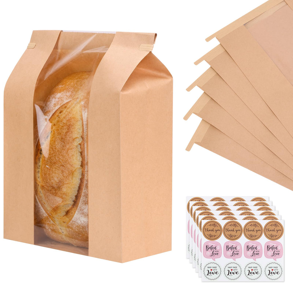 Moretoes 60 Pack Large Sourdough Bread Bags for Homemade Bread, 13.7x8.3x3.5 Inches, Paper Bakery Bags with Tin Tie Tab Clear Front Window Includes 72Pcs Label Seal Stickers