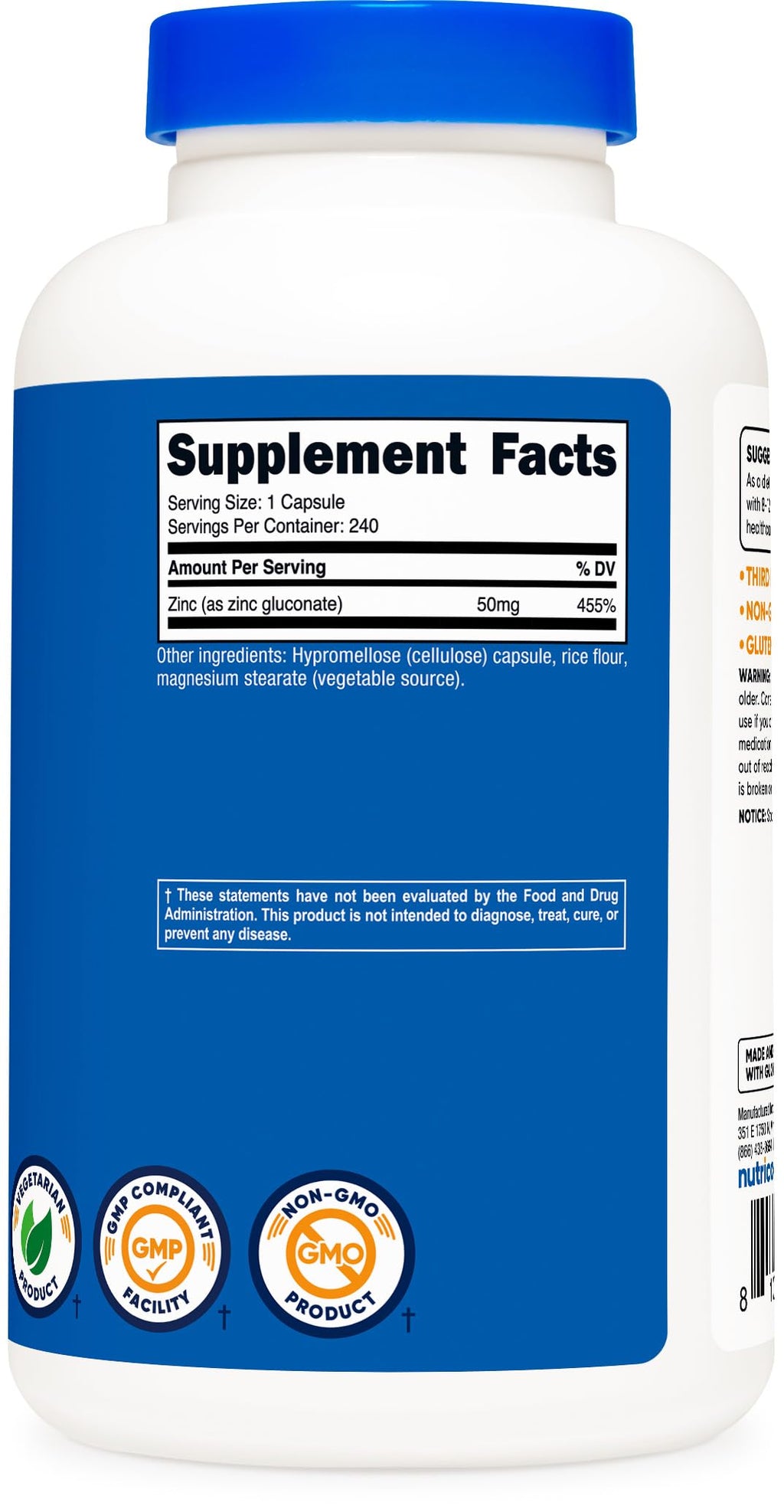 Nutricost Zinc Gluconate 240 Veggie Capsules (50mg) (3 Bottles) - Gluten Free and Non-GMO