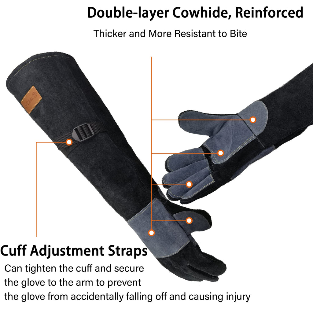 WZQH 21.3 In Leather Welding Gloves for Animal Handling,Grabbing Reptile, Grooming,Trips to Vet,BBQ,Fireplace.Puncture & Scratch Resistant, Bite Proof for Cat Dog Bird Falcon Livestock Snake M Black