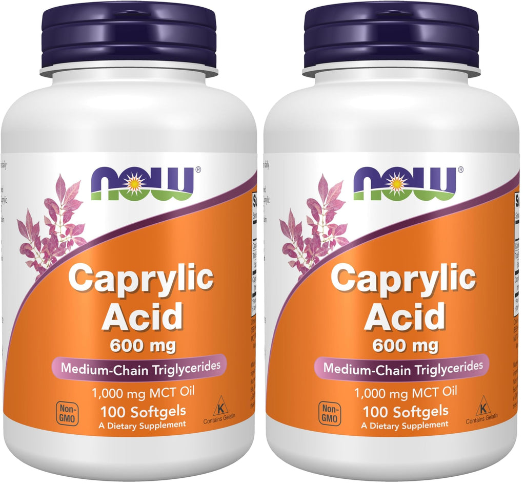 NOW Foods Supplements, Caprylic Acid 600 mg, MCT (Medium-Chain Triglycerides), 100 Softgels, (Pack of 2)