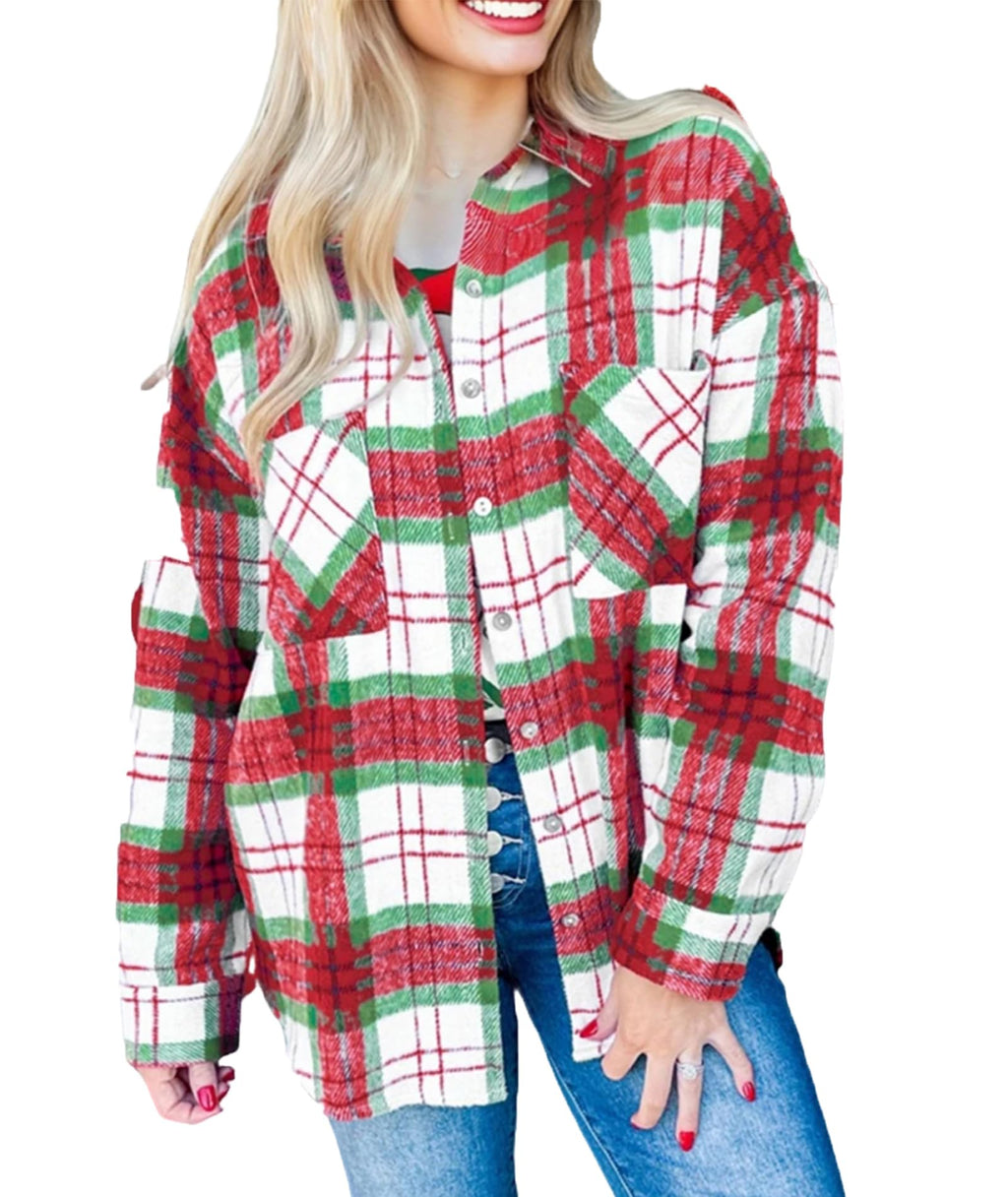 Deer Lady Plaid Flannel Shirts for Women Buffalo Plaid Shirts Oversized Long Sleeve Casual Button Down Blouse Top Christmas Plaid S