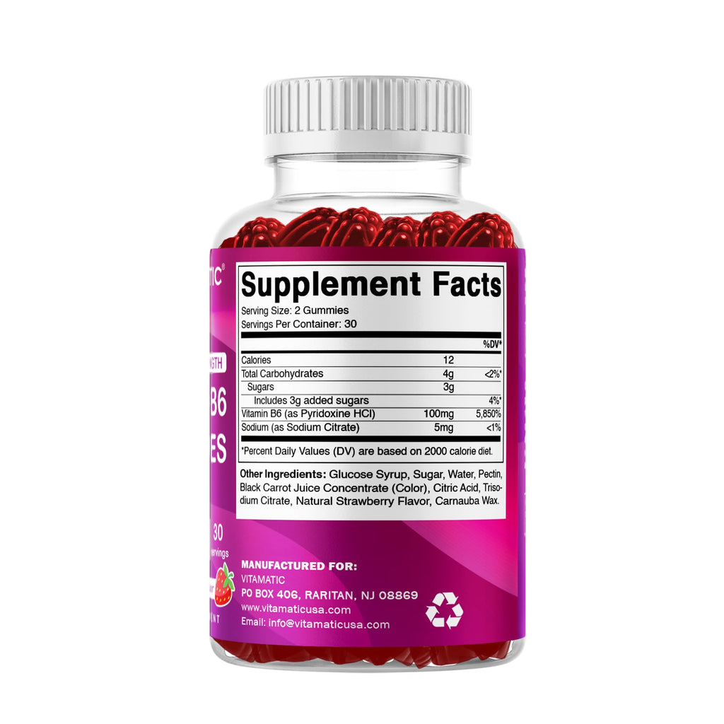 Vitamatic 2 Packs Vitamin B6 100mg Gummies – Natural Strawberry Flavor – 60 Pectin-Based Gummies per Bottle – Nervous System & Energy Support
