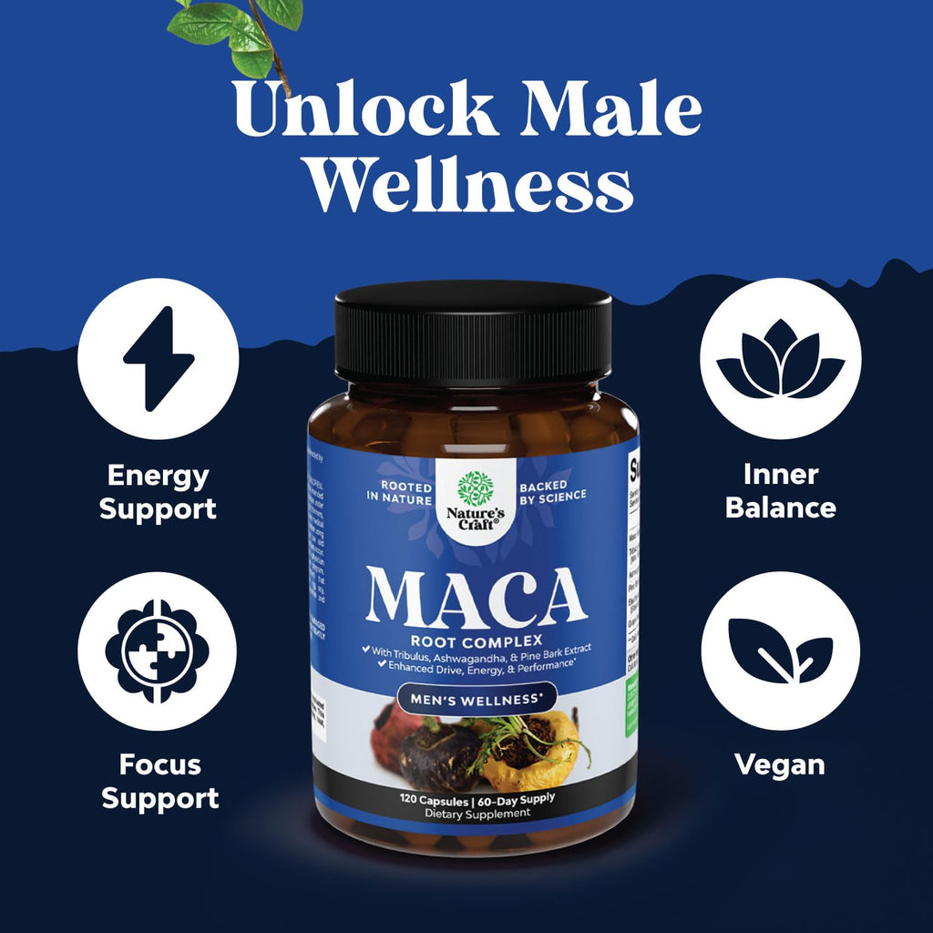 Potent Black Maca Root Capsules for Men - Herbal Wellness Supplement with Siberian Ginseng Ashwagandha and Black Maca Root - Men’s Wellness Supplement to Support General Health - 120 Count