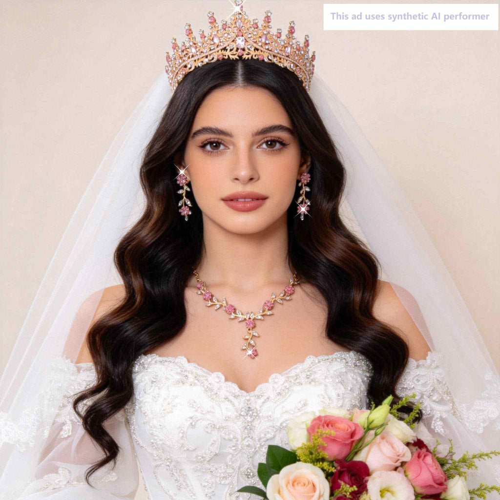 Kamirola Tiaras and Crowns for Women,Tiaras Earrings Necklace, Crystal Bridal Jewelry Set (Gold Pink)