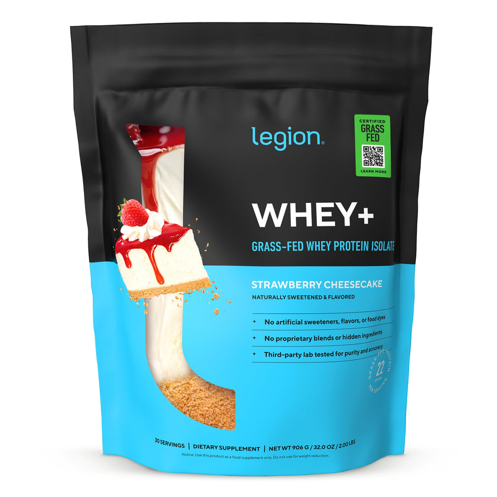 LEGION Whey+ Protein Whey Isolate from Grass Fed Cows - Whey Protein Isolate Low Calorie, Non-GMO, Sugar Free, Lactose and Gluten Free, All Natural Protein Powder 30 Servings (Strawberry Cheesecake)