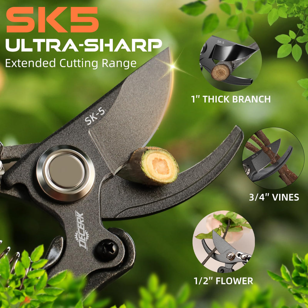DECERK® 8.5" Professional Pruning Shears - Cuts 4X Easier with Ultra Sharp Japanese Steel Titanium Blade, Arthritis Friendly Garden Scissors & Plant Clippers, Effortlessly Prunes 3/4" Branches