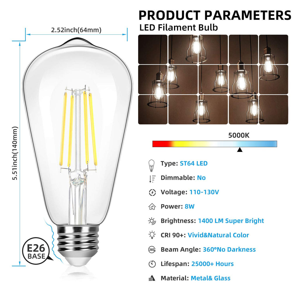 4-Pack Vintage 8W ST64 LED Edison Light Bulbs 100W Equivalent, 1400Lumens, 5000K Daylight White, E26 Base LED Filament Bulbs, CRI 90+, Non-Dimmable Antique Glass Style Great for Home, Bedroom, Office