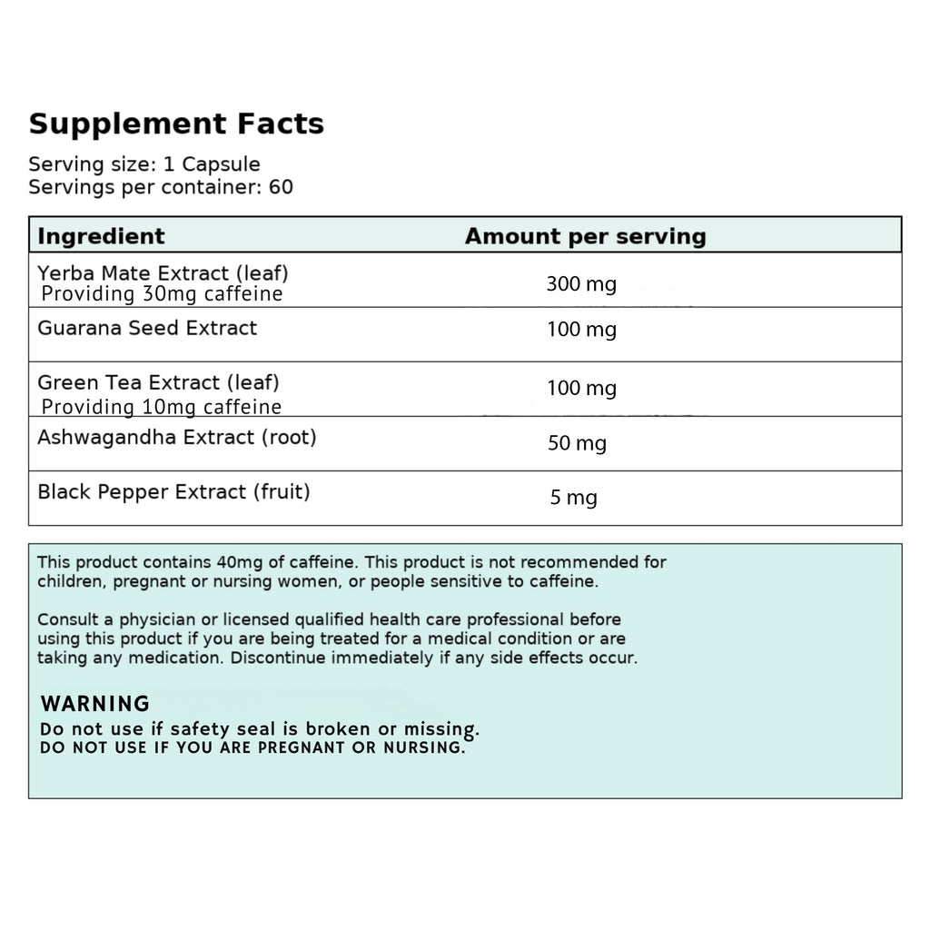GLP-1 Yerba Mate, Guarana, Green Tea, Ashwaganda Supplement High Potency, 40mg Caffeine Per Capsule, Extract Pills Supplements for Clean Natural Energy