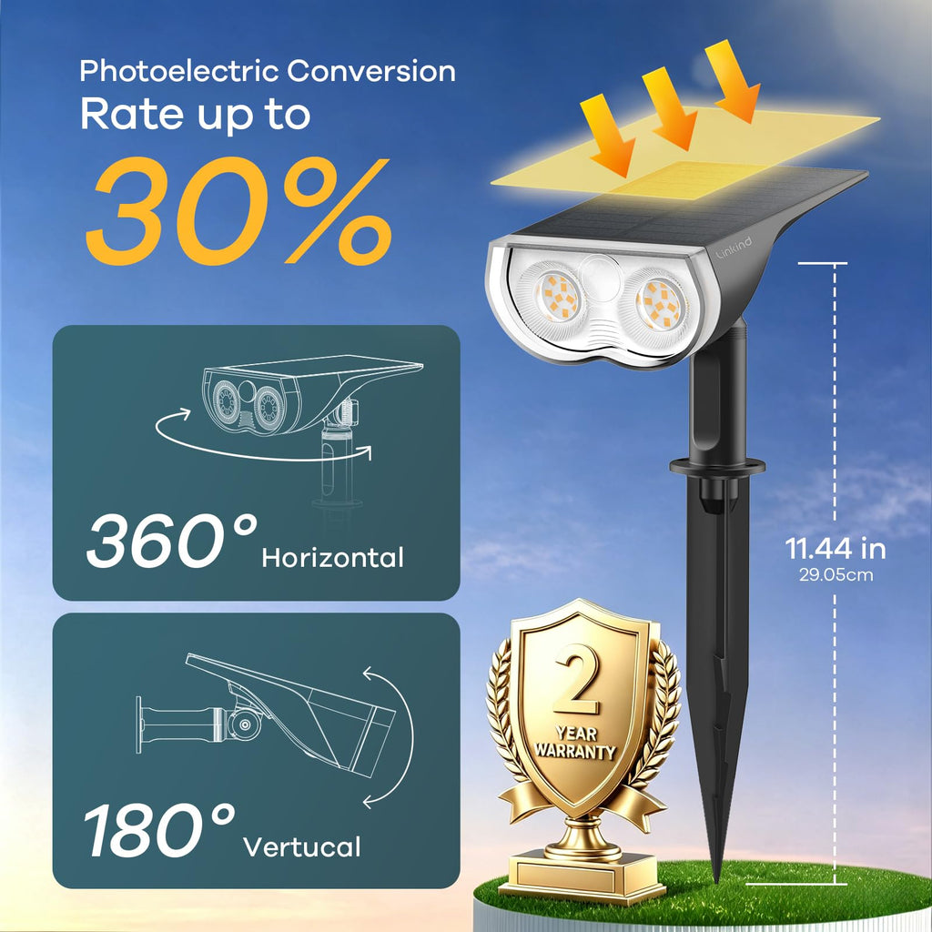 Linkind Solar Lights Outdoor Waterproof IP65, StarRay Dusk-to-Dawn Outdoor Solar Lights, 3 Lighting Modes Solar Spot Lights Outdoor for Garden, Yard, Landscape (Daylight, 2 Pack)