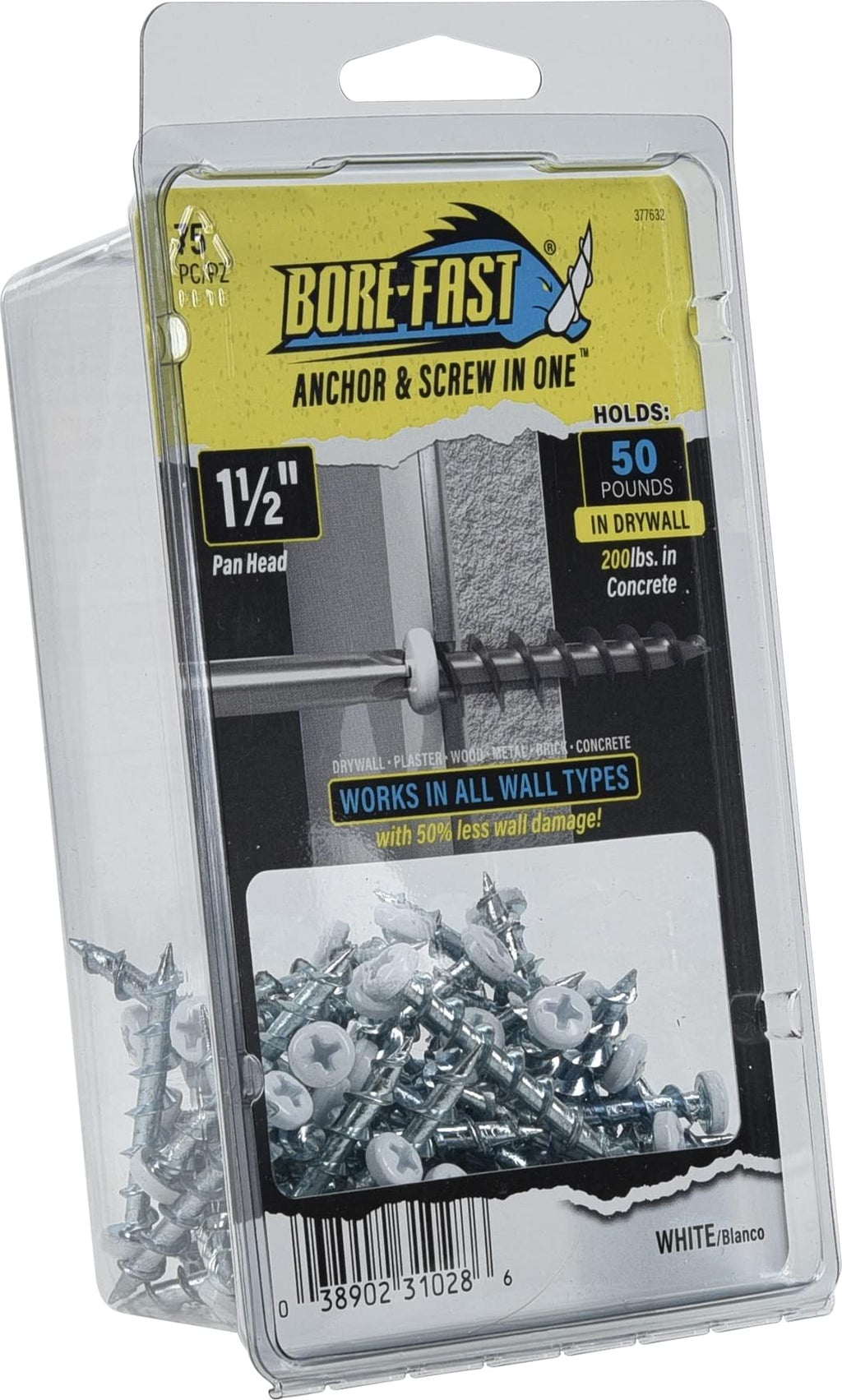 Hillman Borefast Drywall Anchors, Holds 50 Pounds in Drywall and 200 Pounds in Concrete, 1 1/2" Pan Head, White, 75-Pack, 377632
