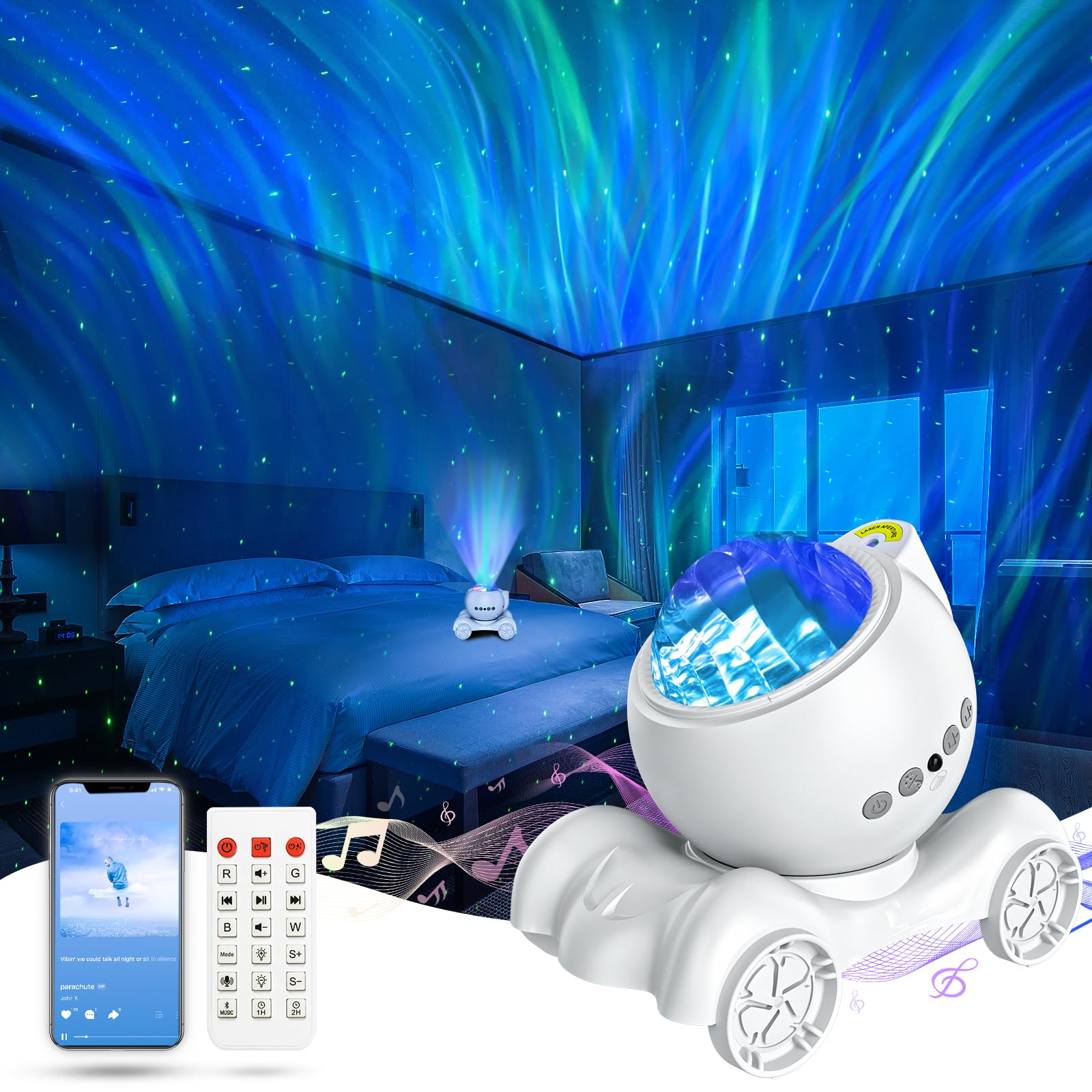 ENOKIK Northern Light Projector, Aurora Star Projector Built-in Bluetooth Speaker, White Noise Machine for Kids Adults, Galaxy Light for Bedroom/Ceiling/Party/Gift (White)