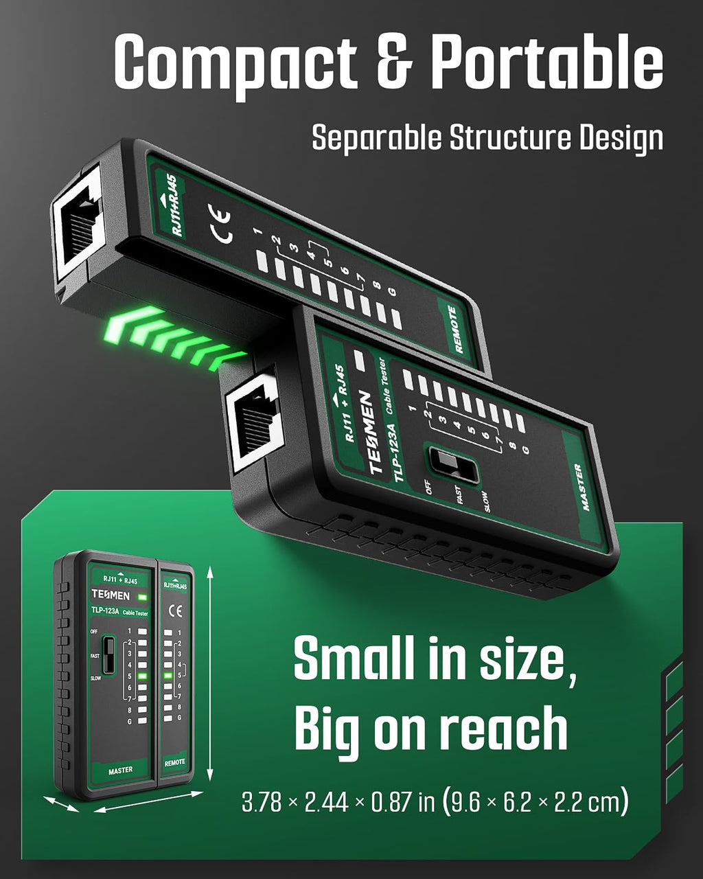 TESMEN TLP-123A Network Cable Tester for RJ11 RJ45, Ethernet Wire Tool for CAT5/CAT5E/CAT6/CAT6A/CAT7/UTP&STP, LAN & TEL Continuity Test, Suitable for Cable Maintenance - Green