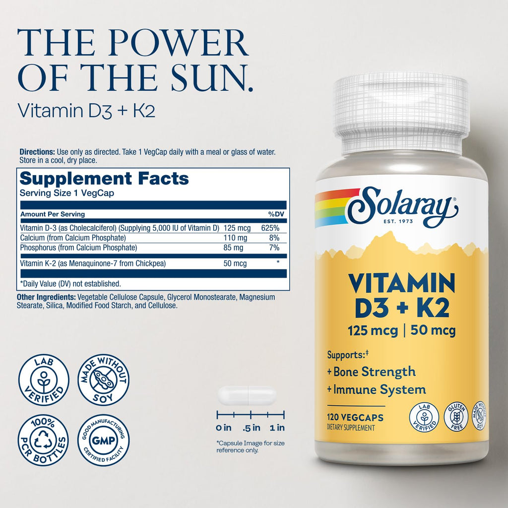 SOLARAY Vitamin D3 K2 - Bone Health and Immune Support Supplement - With 5000 IU Vitamin D as Vit D3 and 50 mcg Vitamin K2 as Menoquinone MK7, Made Without Soy, 60-Day Guarantee, 120 Serv, 120 VegCaps