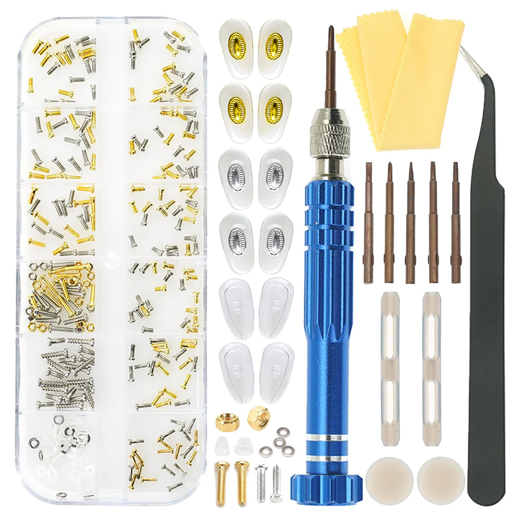 ESSSO Eye Glass Repairing Kit,Upgraded Eyeglass Repair Kit with Screws(Gold and Silver)，5-in-1 Eyeglass Screwdriver,Eyeglass Nose Pads,Eyeglass Ear Grips,Tweezer for Sunglasses,Eyeglass,Watch Repair