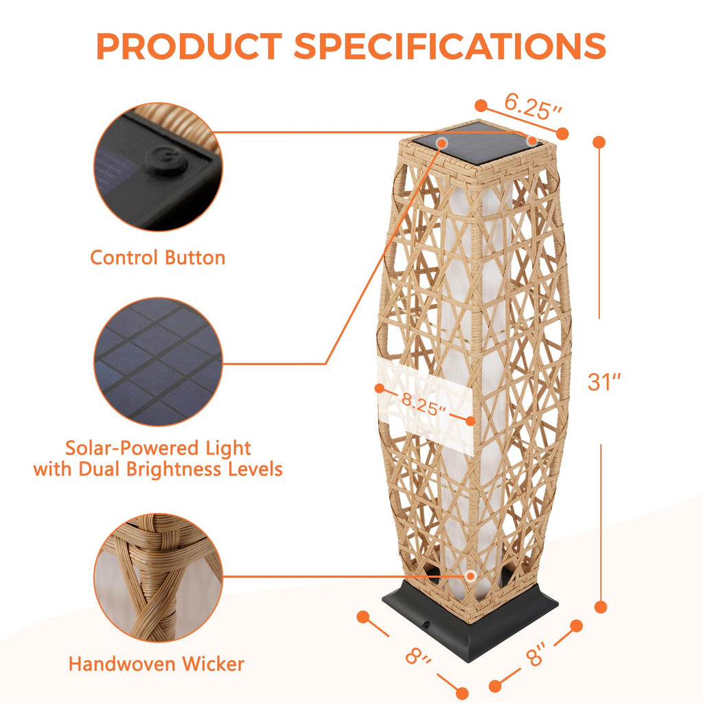 Grand patio 2-Piece Outdoor Floor Lamp Solar Lantern, Water-Resistant Wicker Boho Patio Light with 50/100 Lumens Dual Brightness & Memory Mode for Garden Porch Deck Decor, Large Cindy Natural
