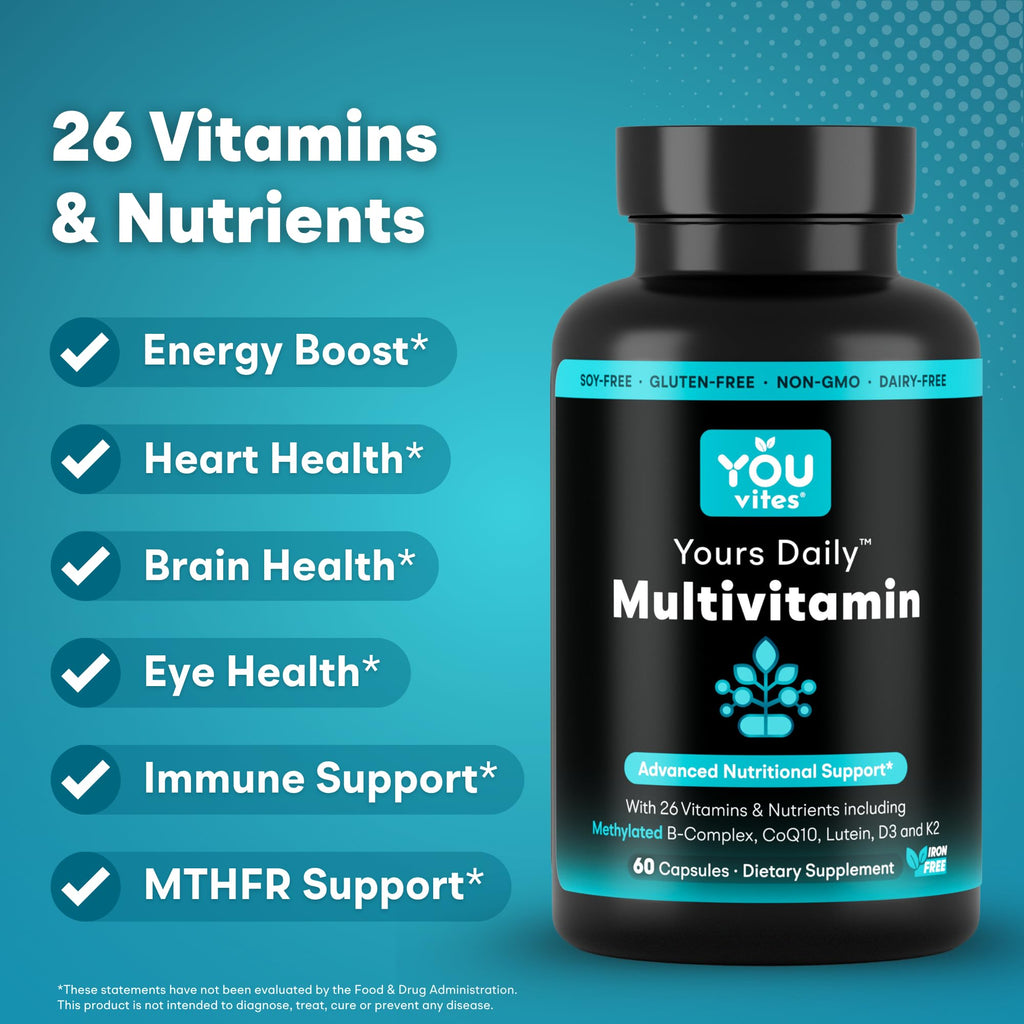 You Vites - Methylated Multivitamin for Men and Women, Methyl Multi Without Iron - 60 Capsules, MTHFR Supplement with Methyl B12, Methylfolate (5-MTHF), CoQ10 for Energy, Heart and Mood Support