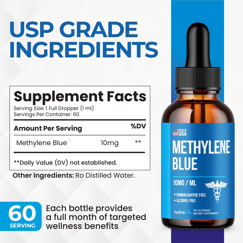 Methylene Blue Drops 1% USP Grade Third Party Lab Tested - USA Made - Formaldehyde Free, Increased Absorption, Blue Methylene Supreme Supplement for Humans, Methane Azul De Metileno Para Humanos (2oz)