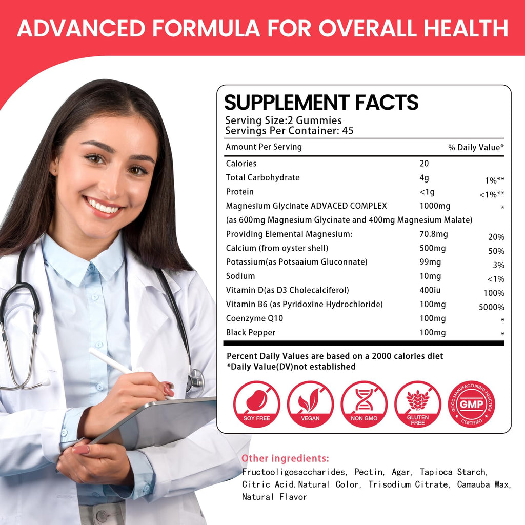 Magnesium Glycinate Gummies 1000mg, High Absorption Sugar Free Magnesium Potassium Supplement for Relaxation, Stress Relief, and Sleep Support for Adults & Kids - 180 Strawberry Gummies