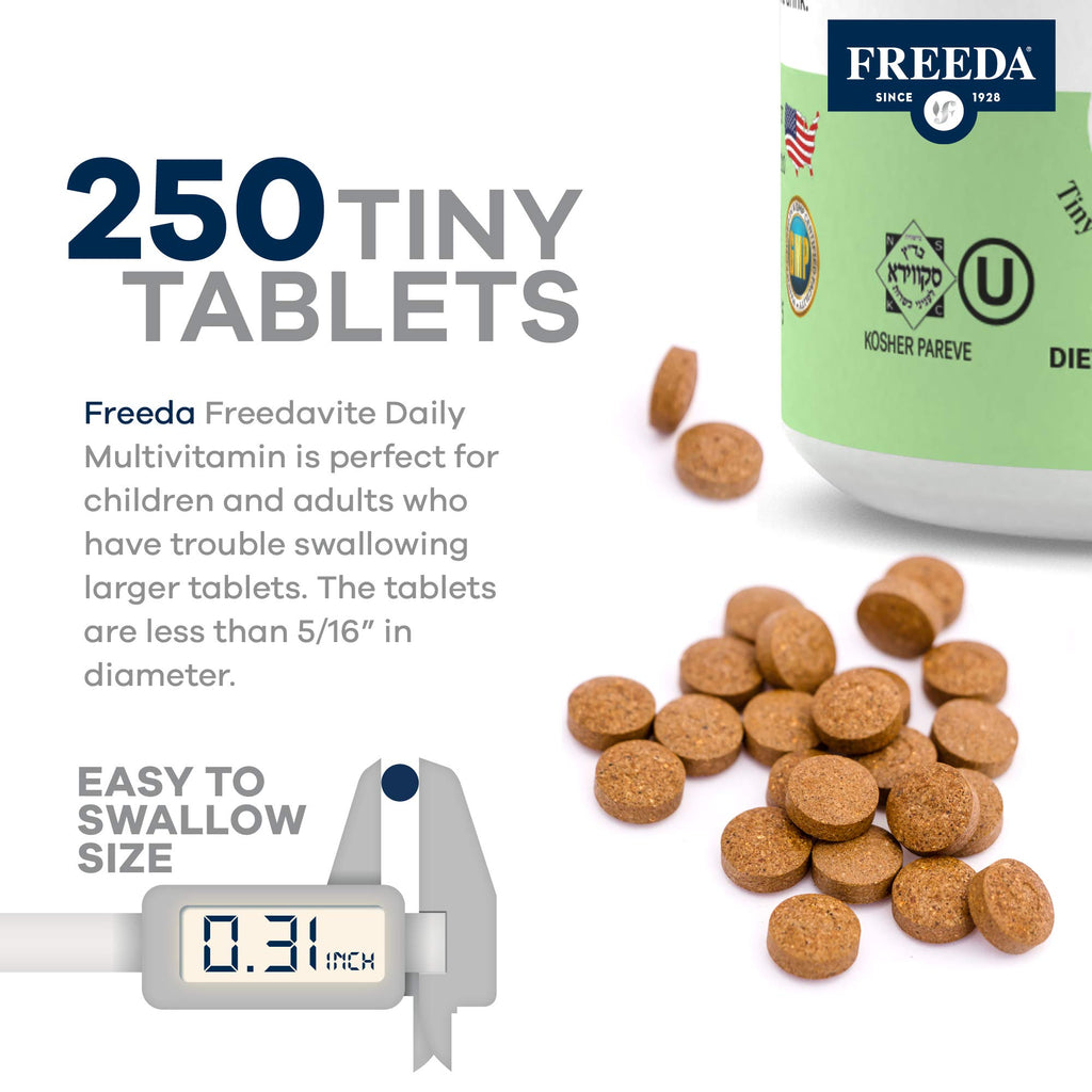 Freedavite Tiny Tablet - Moderate Multivitamin for Men and Women - Pure Vitamin A, C, D, E, B1, B2, B6, B12, Biotin, Calcium, Zinc, Iron, Magnesium, Manganese, Copper, Selenium, Iodine - 250 Count