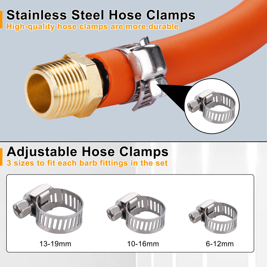 Ailbiuko 22Pcs Brass Hose Fittings, 3/8" Barb to 1/4" NPT, 1/4" Barb to 1/4" NPT Male, 1/8" 1/4" 3/8" 1/2" Barbed Air Hose Kit with 44Pcs Pipe Hose Clamps