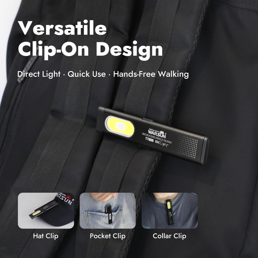 WARSUN T7 Rechargeable EDC Flashlight 2 Pack, Slim Pocket Flashlight with USB-C Charging, Clip & Magnetic Base, Lightweight Portable LED Work Light for Everyday Carry, Camping & Emergency