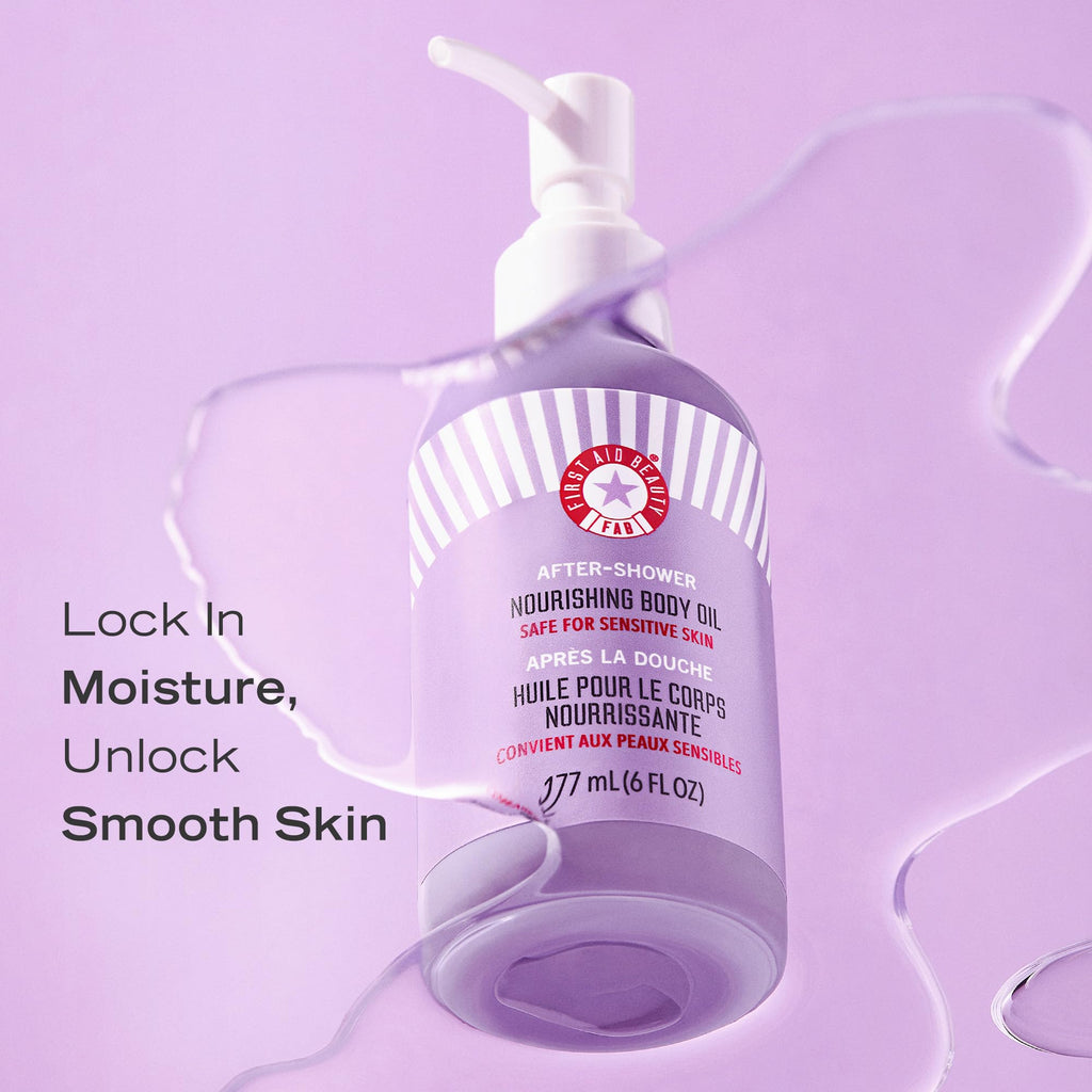 First Aid Beauty - After-Shower Nourishing Body Oil, Hydrates Skin & Locks In Moisture with Skin-Loving Lipids Jojoba Seed and Grapeseed Oil, Safe for Sensitive Skin, 6 oz