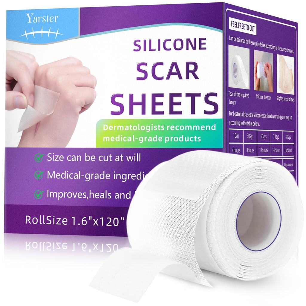 Yarster Silicone Scar Sheets, Silicone Scar Tape(1.6"x 120" Roll-3M), Medical Grade Scar Sheets, Scar Tape for Surgical Scars, Burn, C-Section, Keloid Scars, Acne Treatment, Stretch Marks Removal