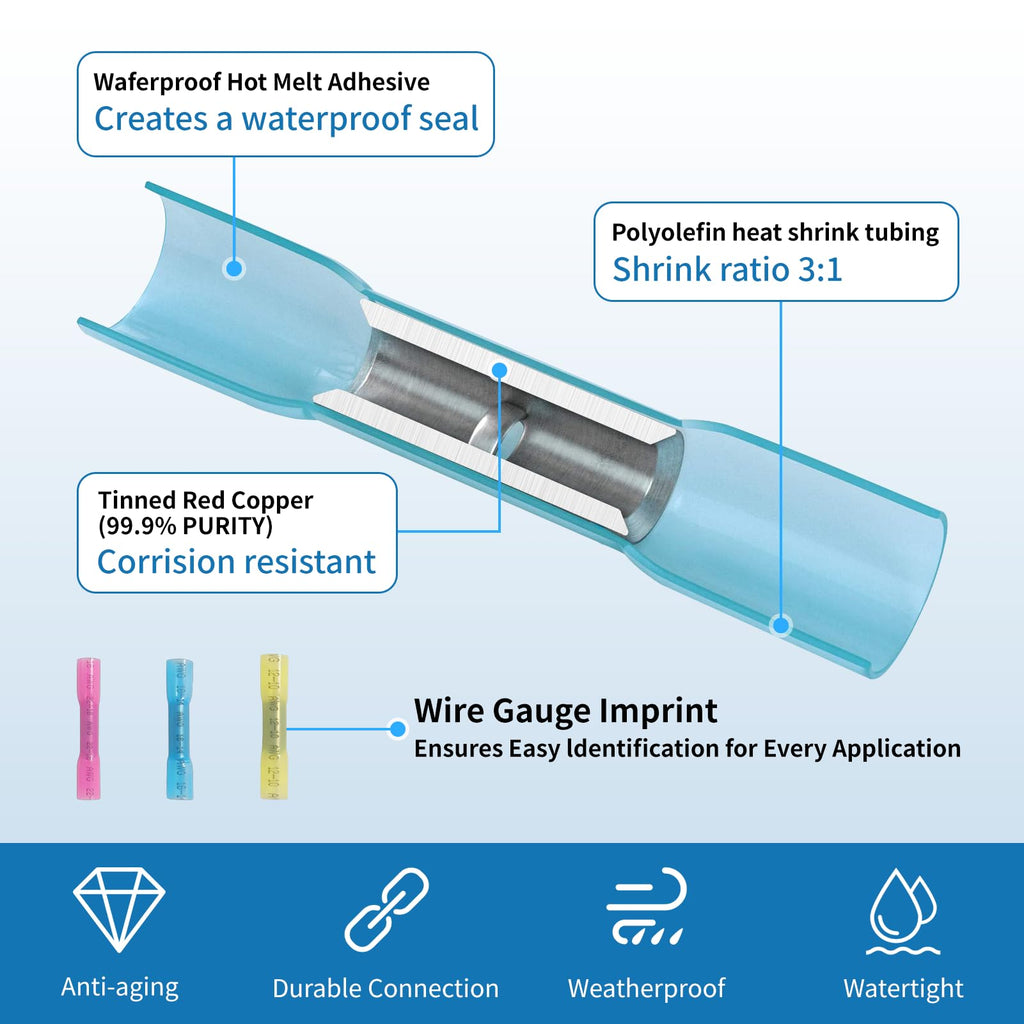 Dyfilmo Heat Shrink Butt Connectors,200Pcs 16-14 AWG Blue Waterproof Electrical Wire Connectors Automotive Marine Grade Wire Crimp Terminals Butt Splices for Cable,Boat,Home Electrical etc.
