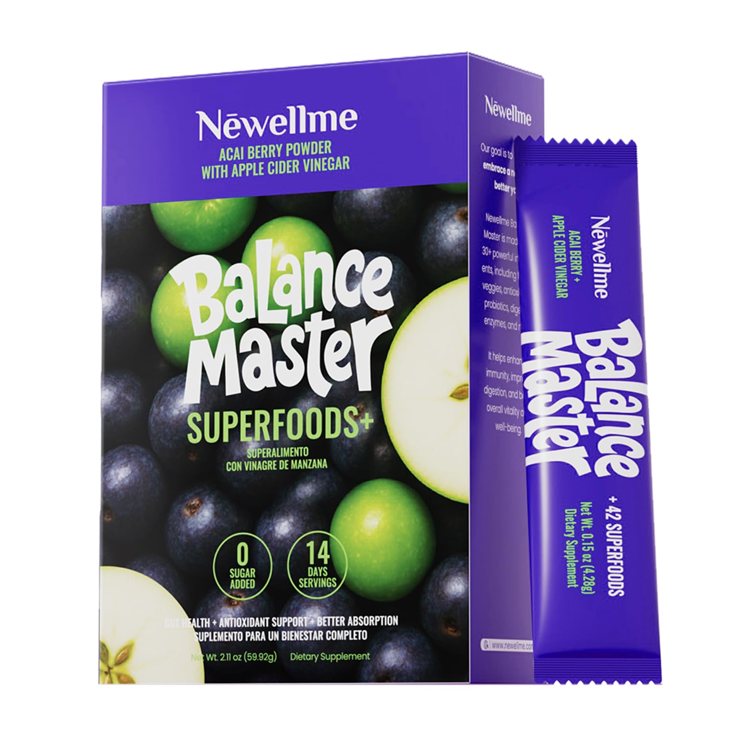 NEWELLME Balance Master Acai Apple Cider Vinegar Powder, Healthy Blood Sugar Support, Probiotics & Digestive Enzymes for Metabolic Support, Vegan Non-GMO, 14 Servings
