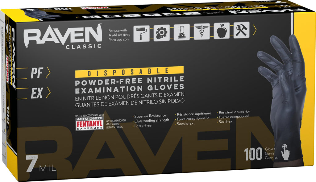 Raven Powder Free Nitrile Disposable Gloves 7 Mil - XL Latex Free, Chemical + Puncture Resistant, Textured Grip, Single Use for Automotive, Industrial, Janitorial, MRO, Food Service 66519