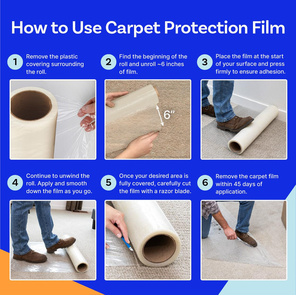TapeManBlue Carpet Protection Film 36" x 200' roll, Self Adhesive Plastic Carpet Protector Film with Clean Removal & Easy Unwind, Durable Protection Tape to Shield Your Surface from Dirt and Spills