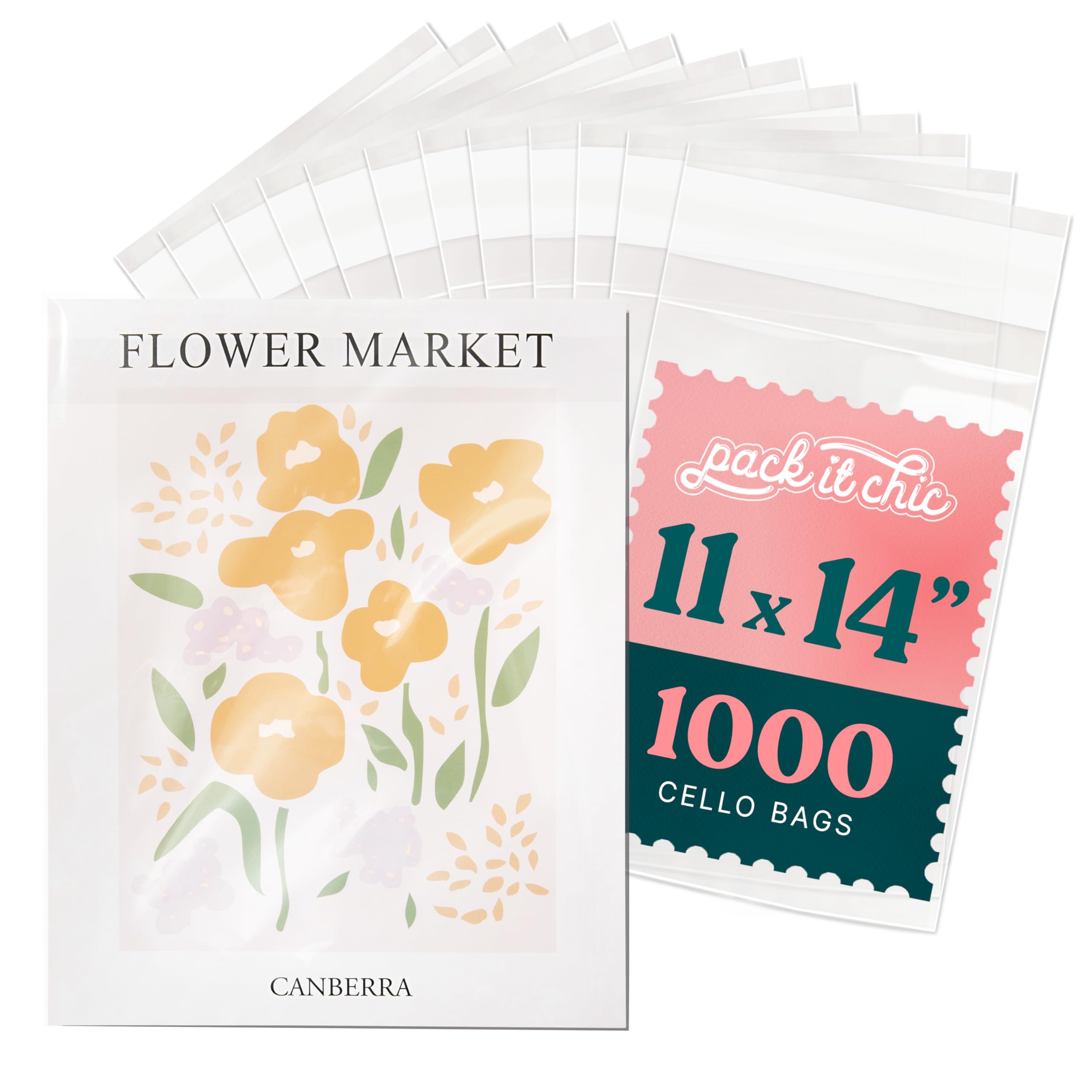 Pack It Chic - 11” X 14” Self Sealing Cellophane Bags (1000 Pack) - Resealable Adhesive Clear Bags for Gifts, 11X14 Photos, Prints, Envelopes, Documents