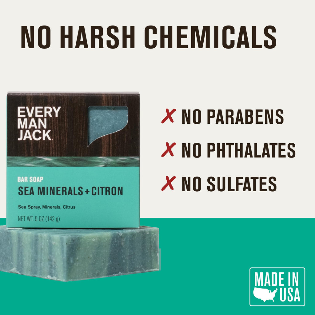 Every Man Jack Cold Processed Mens Bar Soap - Sea Minerals + Citron Scent - Deeply Cleans & Hydrates with Shea Butter and Coconut Oil - (3 Pack)