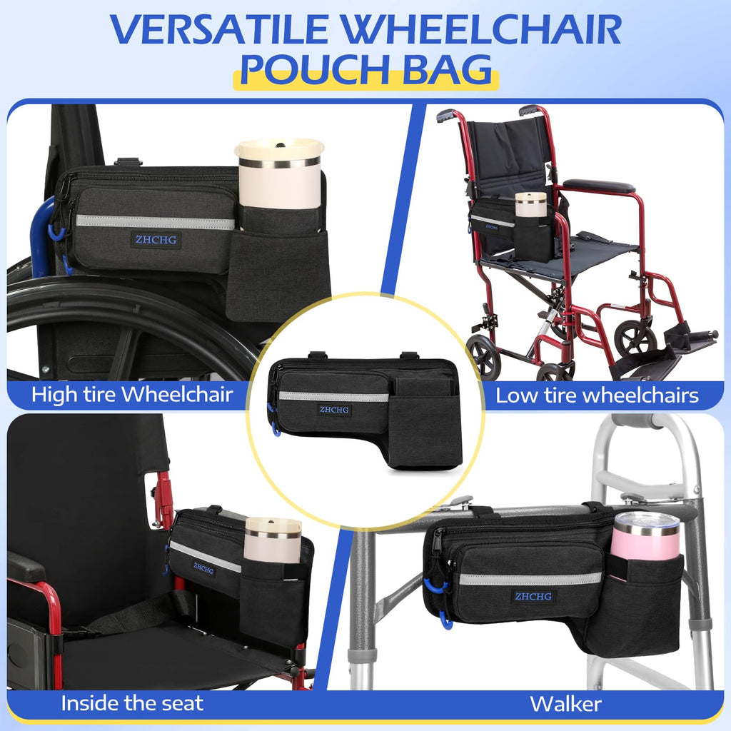 ZHCHG Upgraded Wheelchair Side Bag with Cup Holder, Wheelchair Armrest Pouch for Walker, Wheelchair Accessories Storage Bag