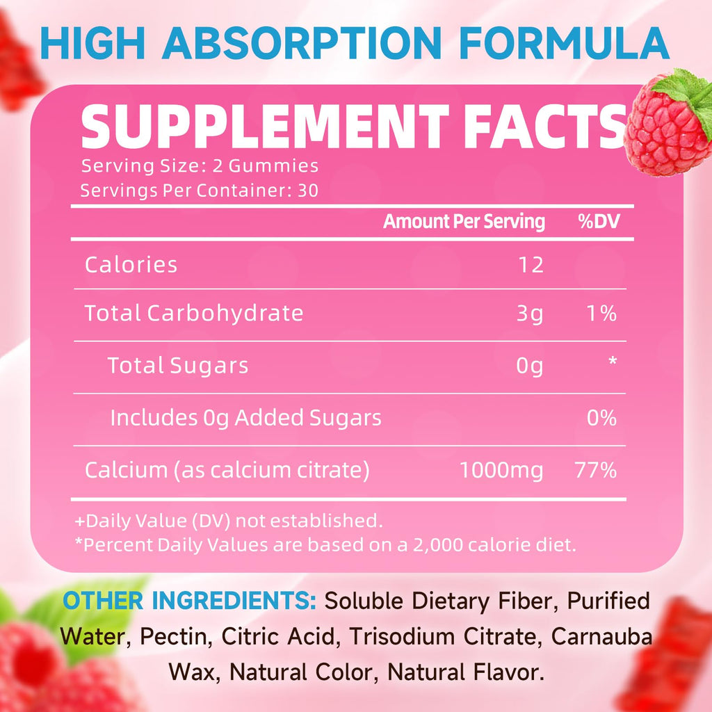 2 Pack Calcium Citrate Gummies, Sugar Free Calcium Citrate 1000mg for Muscle Healthy, Absorption Calcium Supplements for Adults & Kids, Raspberry, 120 Count