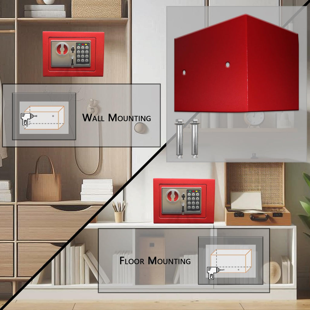 Yuanshikj Safe Box with Electronic Keypad, Small Hidden Steel Security Lock Box with Key, 0.23 Cubic Feet, 9.05" W x 6.69" D x 6.69" H, for Jewelry Gun Cash Use Storage money (RED)