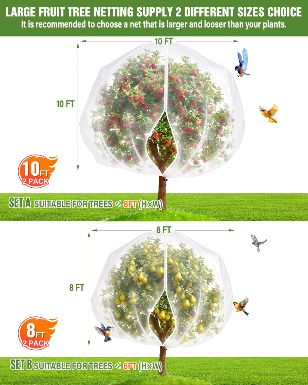 2 Packs 10x10FT Fruit Tree Netting with Zipper, 60-Mesh PE Pest Barrier