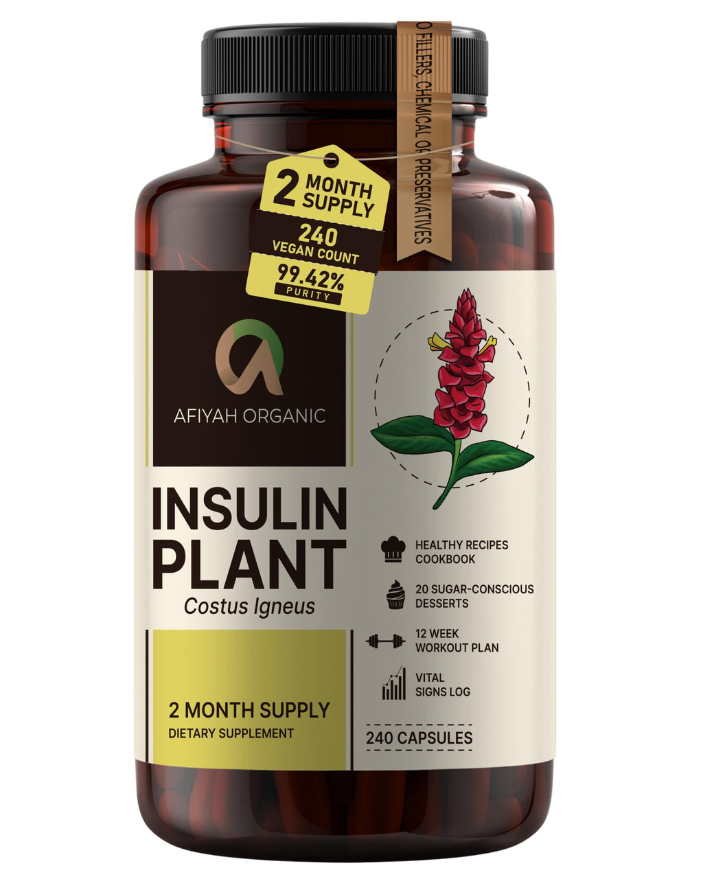 Afiyah Organic - Premium Quality Costus Igneus (Insulin Plant) Capsules - Easy to Swallow 240 Veggie Capsules (2 Month Supply) - Made in the USA - Including Complete Health Support Program