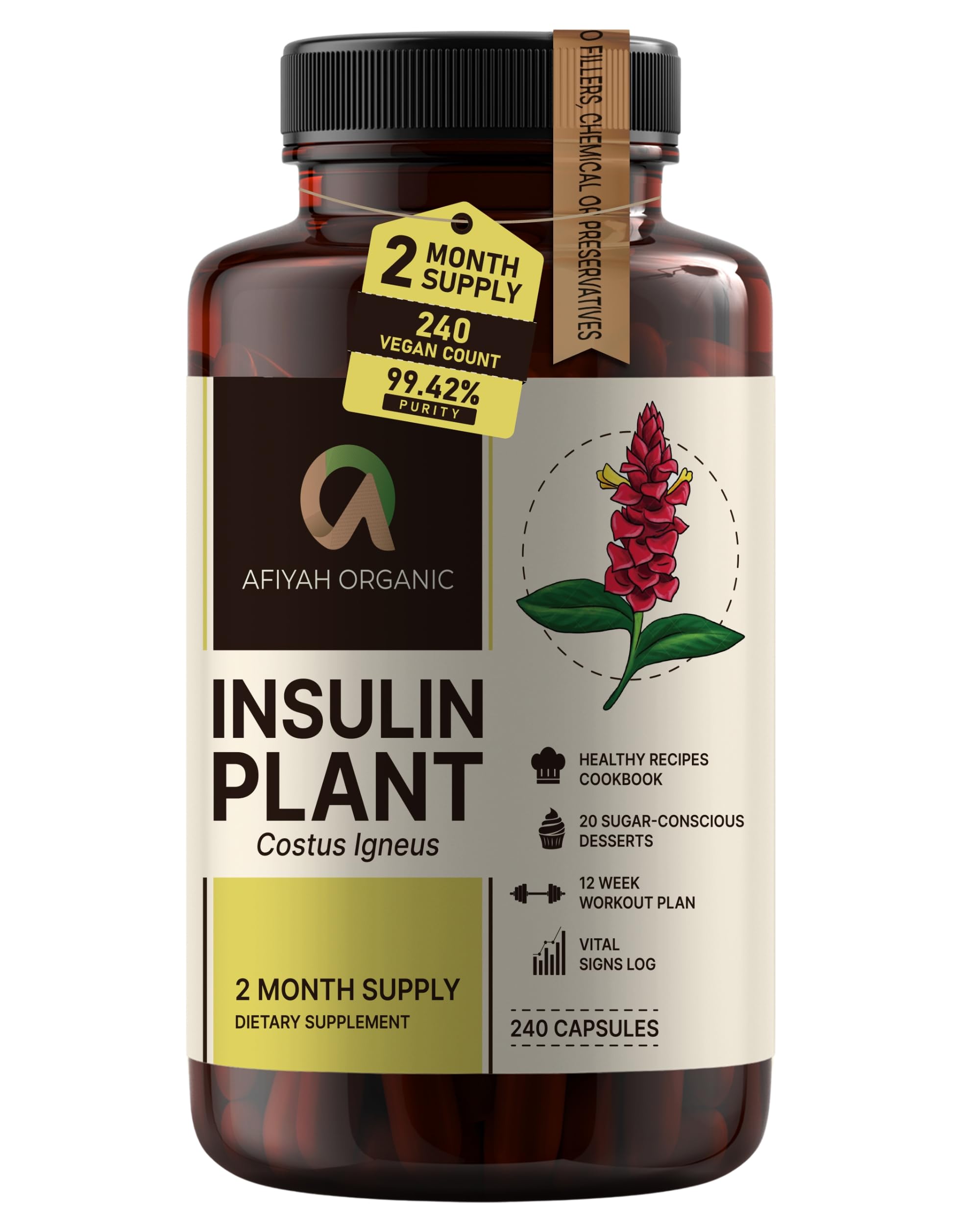 Afiyah Organic - Premium Quality Costus Igneus (Insulin Plant) Capsules - Easy to Swallow 240 Veggie Capsules (2 Month Supply) - Made in the USA - Including Complete Health Support Program