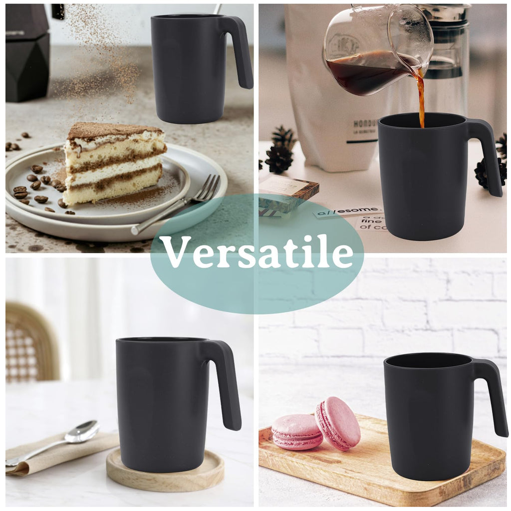 Wrova 16oz Wheat Straw Cups with handles set of 6-Plastic Cups Reusable-Unbreakable Kids Mugs-Dishwasher Safe & Microwave Safe-Ideal Plastic Mugs for Tea,Coffee,Camping,RV-Black