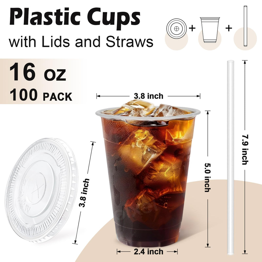 Lamosi 100 Pack 16 oz Clear Plastic Cups with Lids and Straws