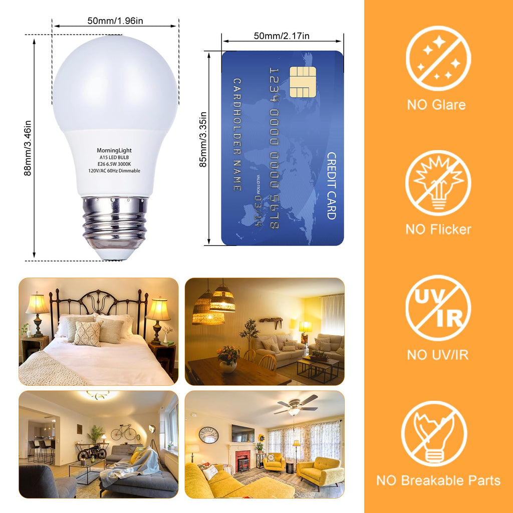 MorningLight 6 Pack A15 LED Light Bulbs 60 Watt, E26 Dimmable LED Light Bulb 3000K Soft White, 6.5W A15 Ceiling Fan Light Bulb for Pendant, Lighting Fixtures, 600 Lumens Bulb