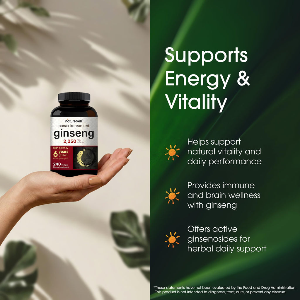 NatureBell Panax Korean Red Ginseng - 240 Softgels - 2,250mg High Strength Herbal Vitality Support* - Standardized 10% Ginsenosides from Six-Year-Old Ginseng Root - Energy & Immune Support*