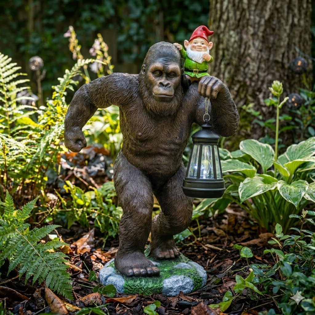 Solar Bigfoot Garden Statue with Gnome & Lantern, 16 Inch Sasquatch Decor
